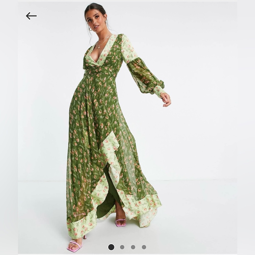 ASOS Maxi Dress in Green Rose Ditsy Floral Print | Size 8